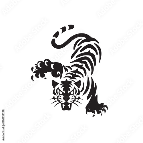 A flat silhouette of a tiger with its claws outstretched, in an aggressive stance, black silhouette on a white background.