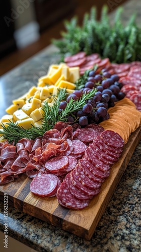 Charcuterie board with assorted meats, cheeses, fruits, and herbs displayed o...