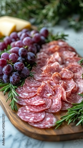Charcuterie board with assorted meats, cheeses, fruits, and herbs displayed o...