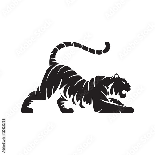 A flat silhouette of a tiger in a playful position, with its tail raised and body low, black silhouette on a white background.