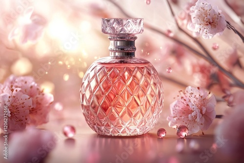 Elegant perfume bottle surrounded by cherry blossoms at sunset with soft ligh...