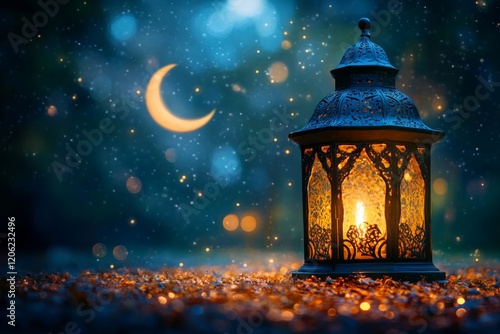 Lantern glowing softly under a crescent moon in a serene, dark garden setting