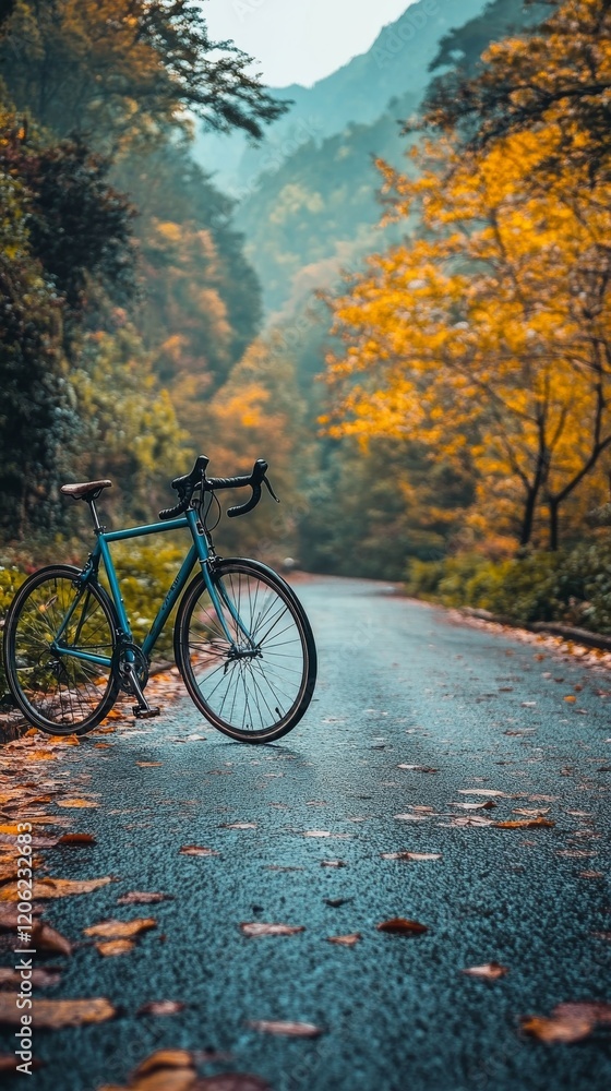 Fototapeta premium Bicycling on a tranquil autumn road surrounded by orange foliage and fallen leaves