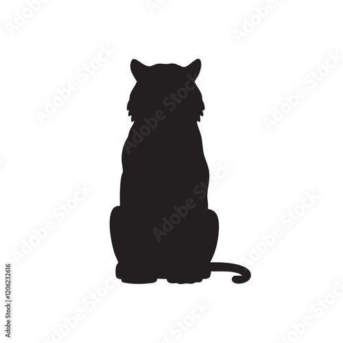 A flat silhouette of a tiger sitting on its hind legs, with its paws resting on the ground, black silhouette on a white background.