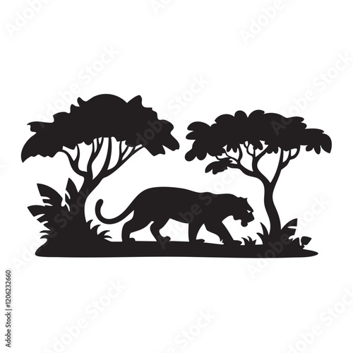 A flat silhouette of a tiger prowling through the jungle, with a focused expression, black silhouette on a white background.