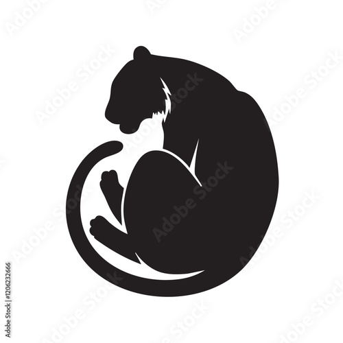 A flat silhouette of a tiger curled up in a resting position, with its tail wrapped around its body, black silhouette on a white background.