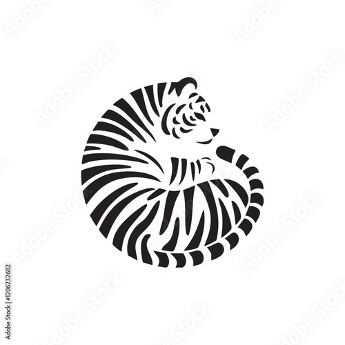 A flat silhouette of a tiger curled up in a resting position, with its tail wrapped around its body, black silhouette on a white background.