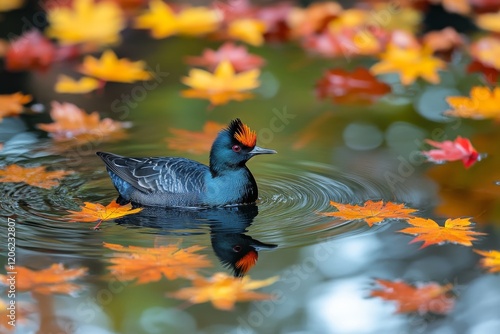 Black duck gliding on a tranquil lake surrounded by vibrant autumn foliage du...