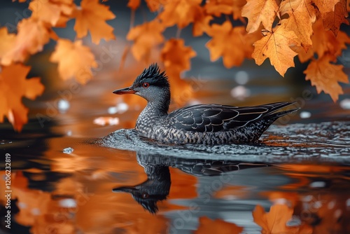 Black duck gliding on a tranquil lake surrounded by vibrant autumn foliage du...