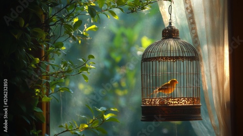 Majestic yellow bird perched in ornate cage surrounded by lush greenery in so...