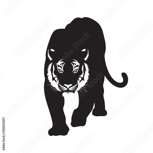 A flat silhouette of a tiger in a stalking position, with its eyes narrowed and body poised, black silhouette on a white background.