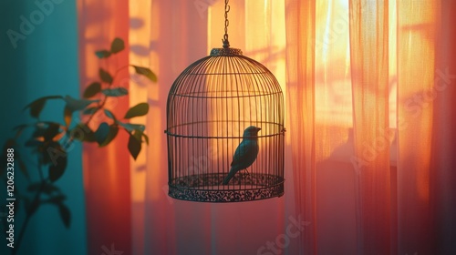 Majestic yellow bird perched in ornate cage surrounded by lush greenery in so...