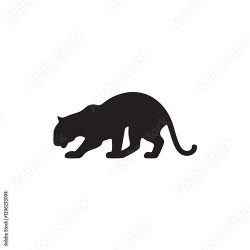 A flat silhouette of a tiger crouching low to the ground, ready to pounce, black silhouette on a white background. photo