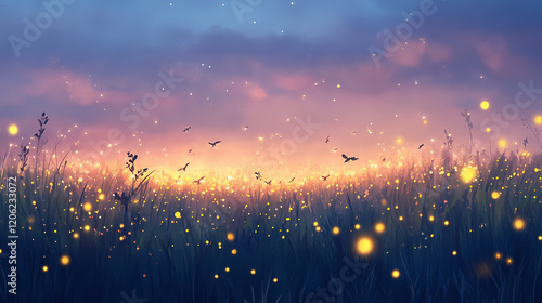 A field of grass with fireflies glowing in the twilight. Twilight Meadow. Illustration photo