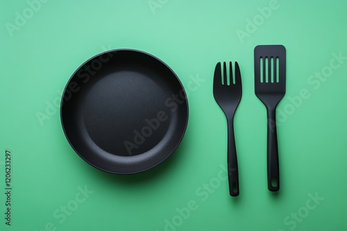 Black cooking utensils and frying pan on green background for kitchen prepara...