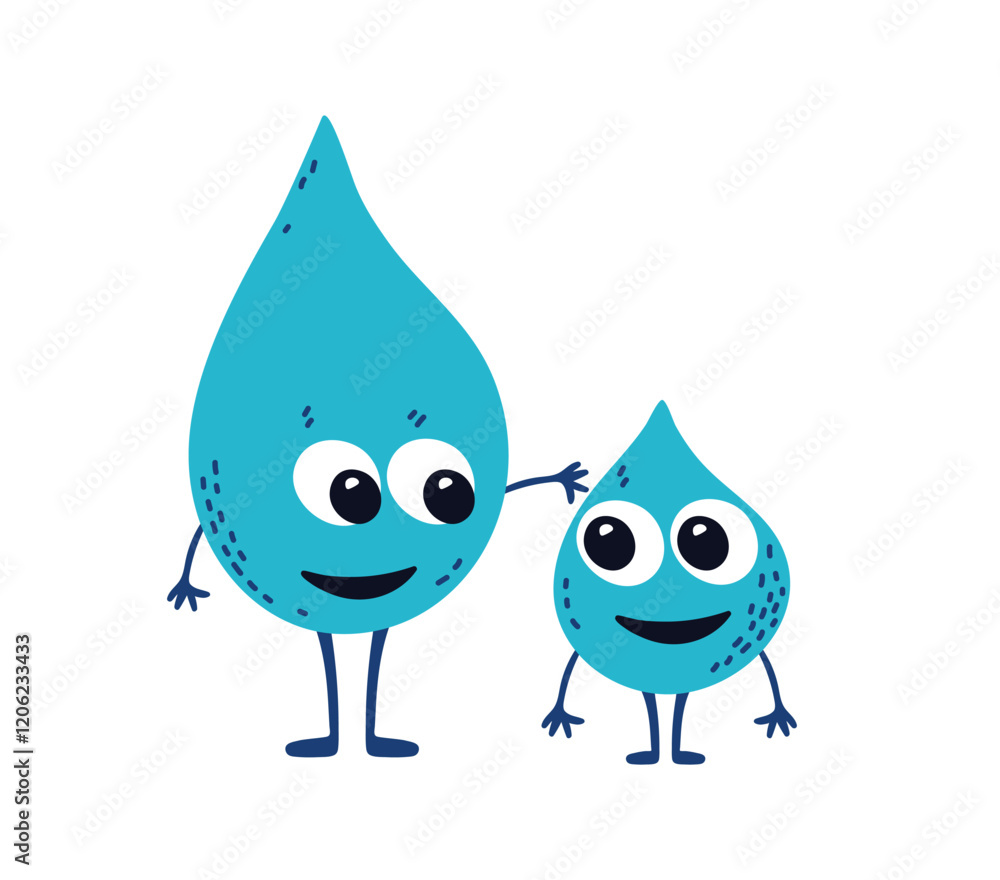 Smiling water drops. Two funny characters, two droplets, mom and baby. Drop Mother strokes her child's head. Concept of safe clean drinking water for health. Flat vector illustration isolated on white Smiling water drops. Two funny characters, two droplets, mom and baby. Drop Mother strokes her child's head. Concept of safe clean drinking water for health. Flat vector illustration isolated on white