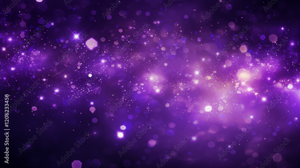 Fototapeta premium Particules scintillantes et brillantes volant sur fond violet, bleu, mauve. Lumière violette, paillettes et flou. Fond pour bannière, conception et création graphique. 