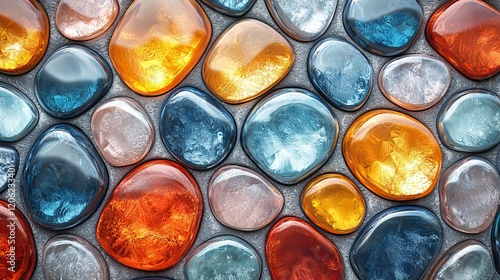 A vivid abstract scene is created by colorful pastel rocks, embodying a modern aesthetic in digital art, captured in a close-up with nature-inspired imagination