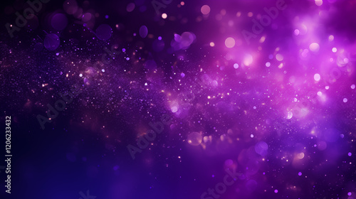 Particules scintillantes et brillantes volant sur fond violet, bleu, mauve. Lumière violette, paillettes et flou. Fond pour bannière, conception et création graphique.	