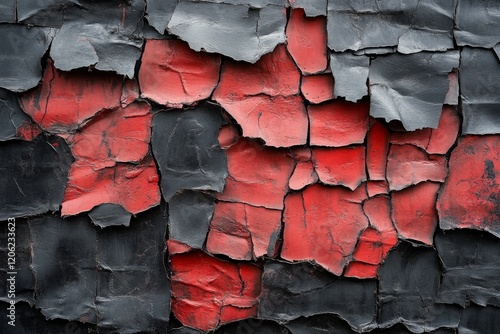 Waves of red and black texture create a striking modern design in an abstract...
