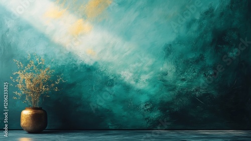 Colorful abstract painting illuminated by warm sunlight in a modern interior ...