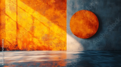Colorful abstract painting illuminated by warm sunlight in a modern interior ...