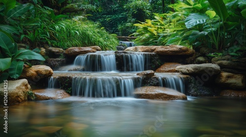 A calming scene of a waterfall gently cascading over smooth stones surrounded by lush, vibrant greenery in a tranquil tropical garden setting.