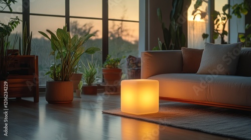Modern floor lamp illuminating a cozy living room with evening ambiance