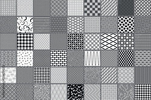 Collection of vector seamless geometric ornament patterns in different styles. Monochrome repeatable backgrounds. Endless black and white prints, quality fabric textures