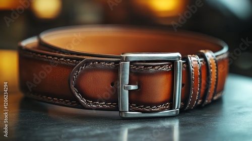 Stylish leather belt with polished buckle placed on a sleek surface in soft l...