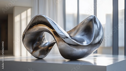 Sleek metal sculpture showcasing modern design in a bright, minimalist galler...