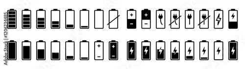 Battery charging icon. Battery charge indicator icons. Battery low, battery full icon.