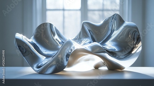 Sleek metal sculpture showcasing modern design in a bright, minimalist galler...