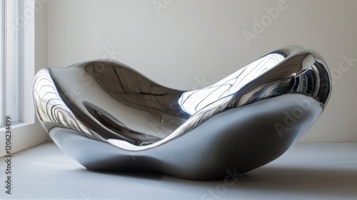 Sleek metal sculpture showcasing modern design in a bright, minimalist galler...