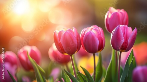 Vibrant pink tulips bloom under the golden light of sunrise, with soft sunlight creating a mesmerizing glow and enhancing their delicate beauty in a natural garden. photo