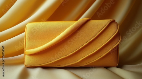 Stylish handbag featuring vibrant orange and yellow waves on a soft fabric ba...