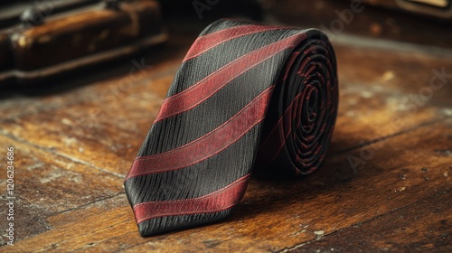 Stylish black and red striped tie on wooden surface with vintage background e...