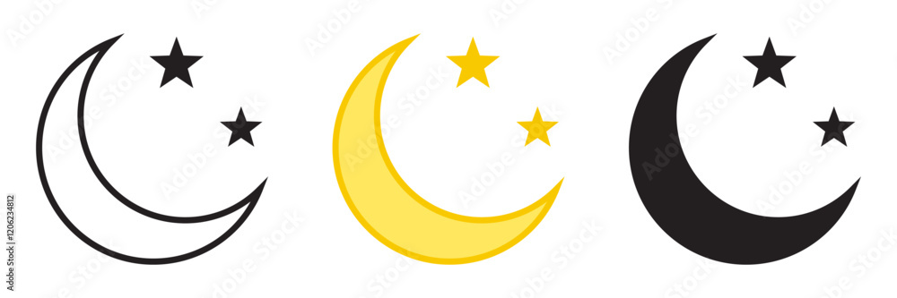 Crescent moon with stars icon. Night icon. Crescent moon icon yellow and black variatn. Crescent moon with stars icon. Night icon. Crescent moon icon yellow and black variatn.