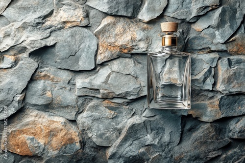 Elegant black perfume bottle resting against rough stone wall in natural light