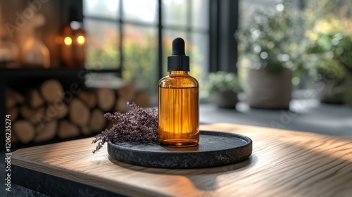 Skin care serum bottle placed on a speckled plate surrounded by pink stones