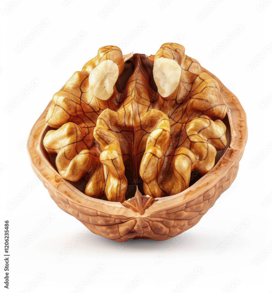 Closeup of an open walnut revealing rich textures and colors on a light background Closeup of an open walnut revealing rich textures and colors on a light background