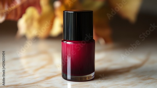 Glossy red nail polish bottle on a neutral background capturing elegant desig...