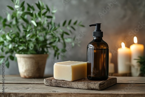 Natural soap and essential oil displayed on a rustic wooden table in a cozy shop