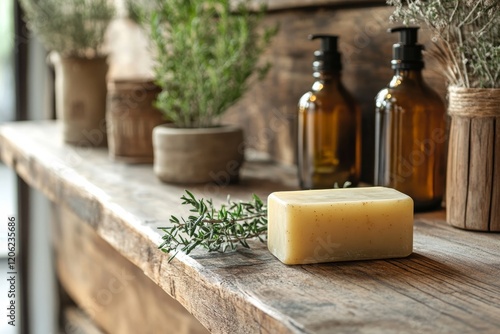 Natural soap and essential oil displayed on a rustic wooden table in a cozy shop photo