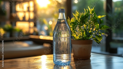 Sunlight filters through a cafe window illuminating a water bottle beside a p...