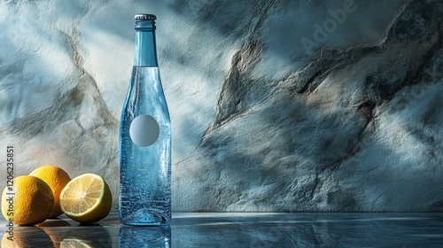 Sunlight filters through a cafe window illuminating a water bottle beside a p...
