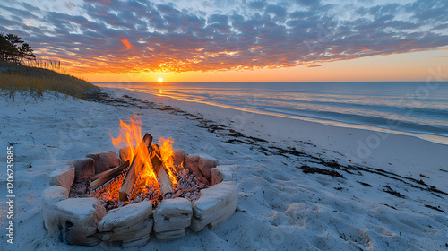 A romantic Valentines campfire on a secluded beach with heart-shaped driftwood and glowing embers, styled in a rustic coastal aesthetic