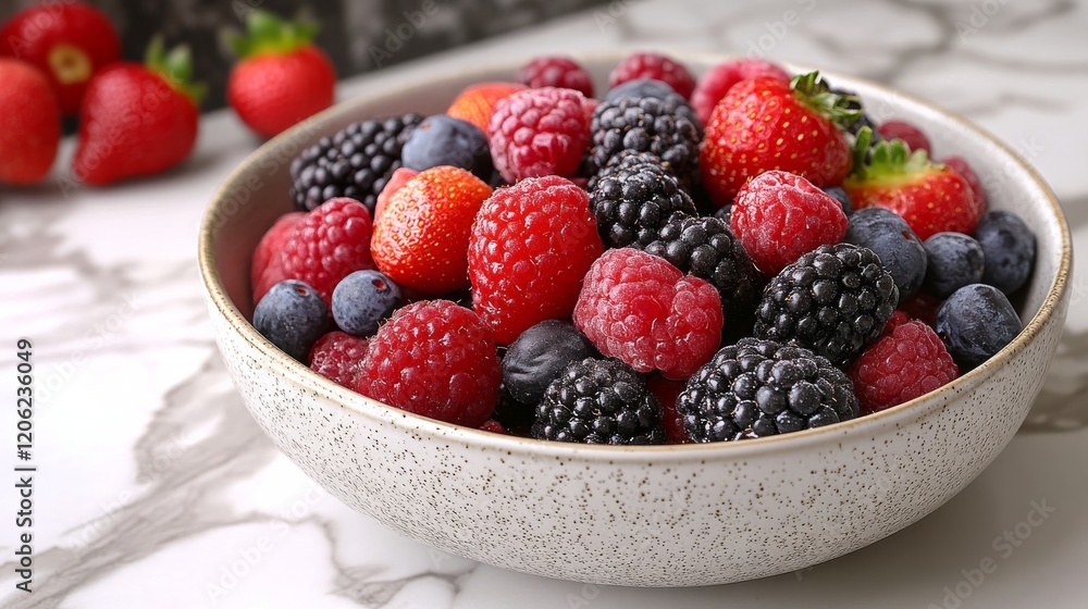 Fresh berries in a glass bowl ready for dessert or snacking at a kitchen counter Fresh berries in a glass bowl ready for dessert or snacking at a kitchen counter