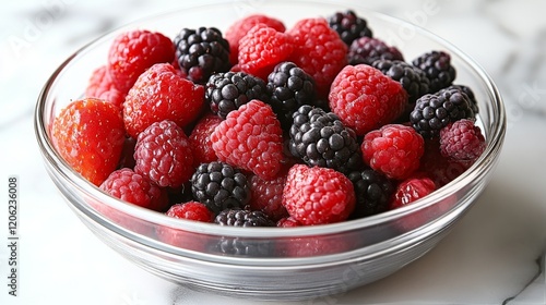 Fresh berries in a glass bowl ready for dessert or snacking at a kitchen counter