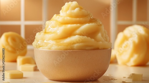 Delicious creamy mashed potatoes served in a bowl against a warm background